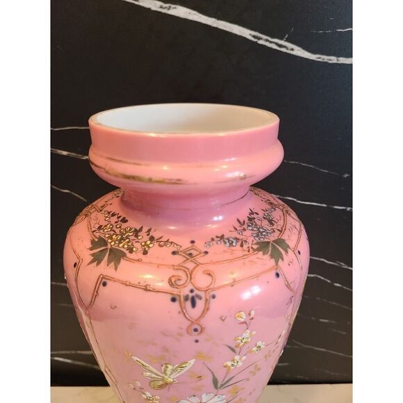 Lg Antique Harrach Bohemian Czech Pink Opaline Overlay Vase Flowers & Bees 14” - Picture 5 of 16